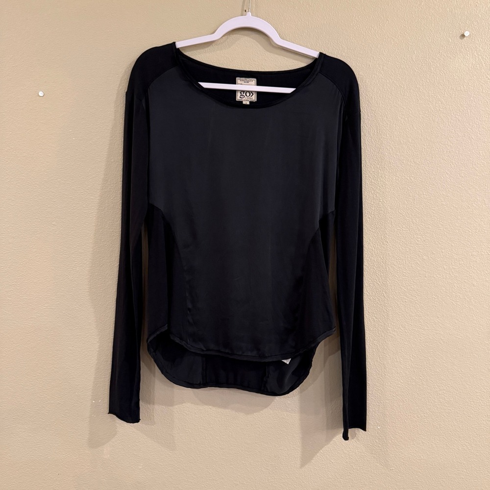 Go by GoSilk Top Women S Black Silk Cotton Mixed Media Long Sleeve Goth Luxe